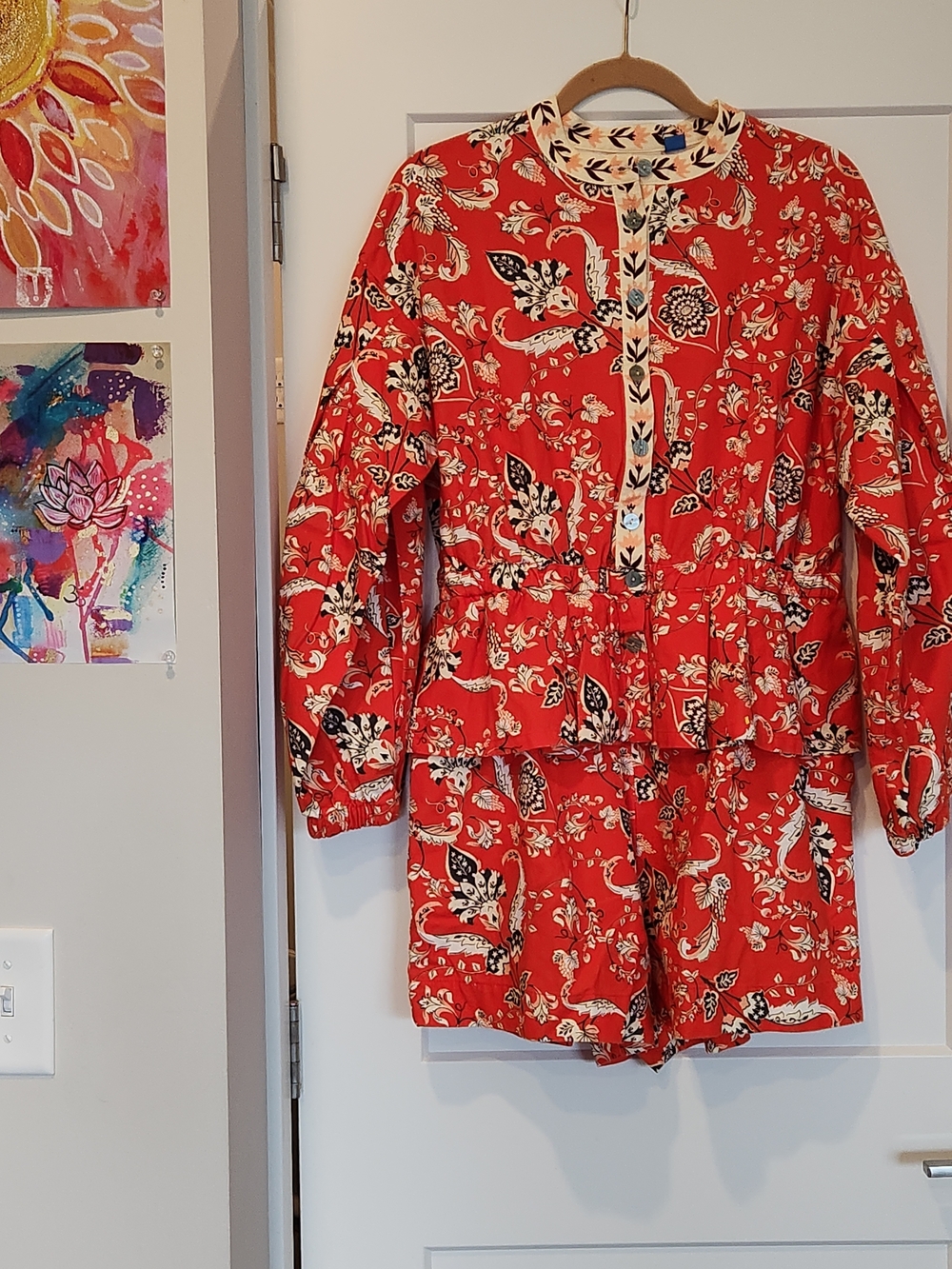 NWT Farm Rio Large Floral Button Front Cotton Ruffle Waist Puff Sleeve Romper - Picture 3 of 8